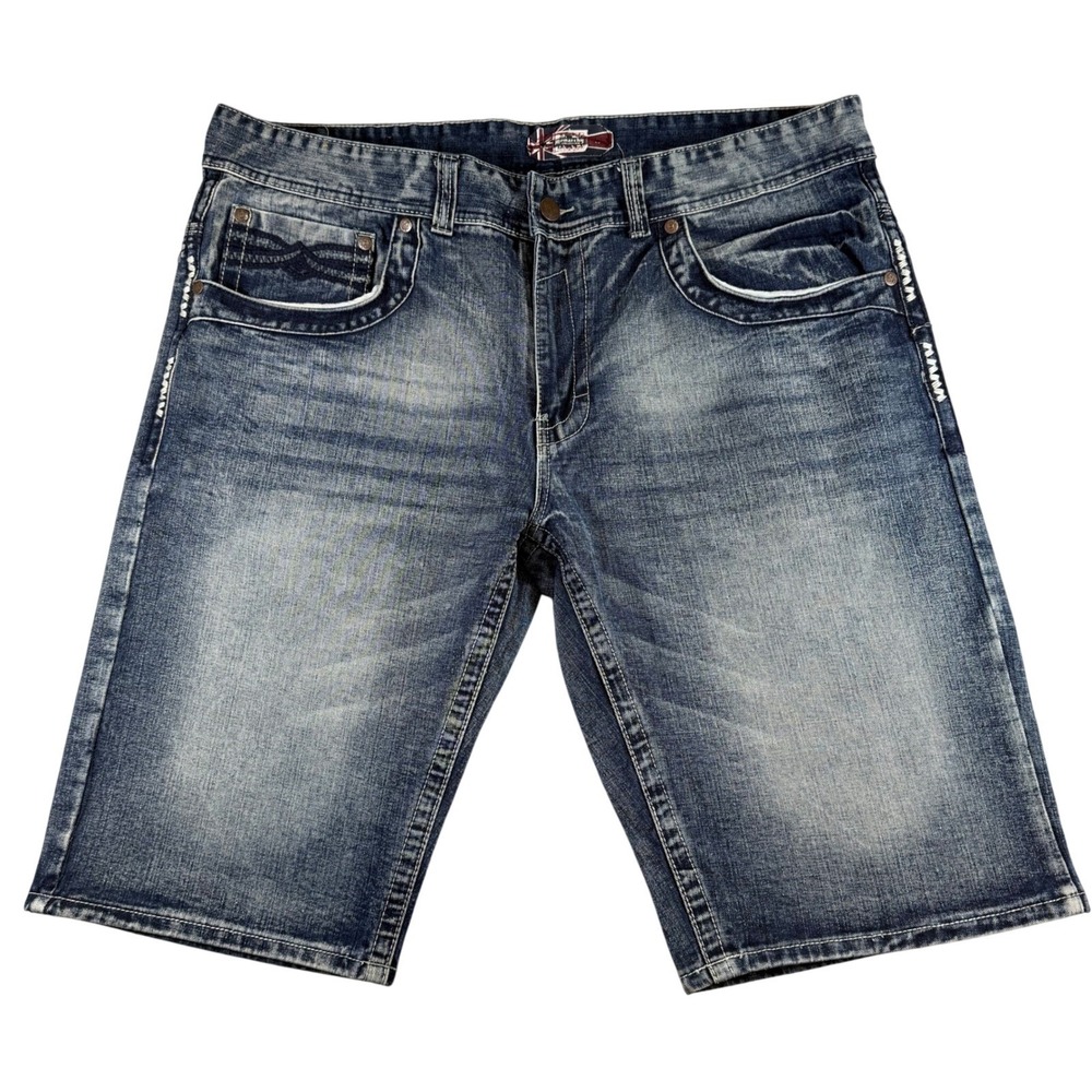 Monarchy Collection Mens Blue Denim Shorts Size 46 Embroidered Faded Premium